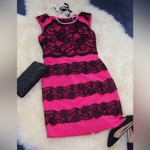 Antonio Melani Sz 14 Pink Black Lace Pink Sheath Formal Pencil Dress Boat Neck